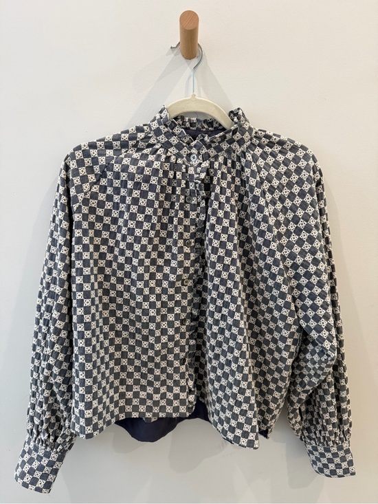 FRNCH Tops - FRNCH Blue and White Printed Button-Down Mock Neck Blouse